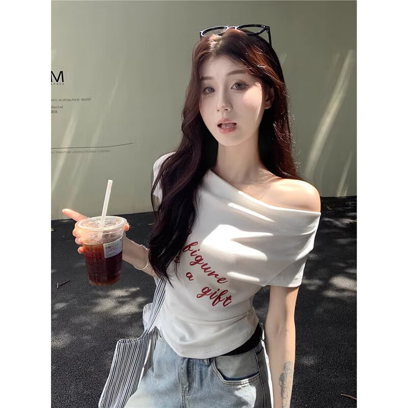 皓娥 辣妹字母印花一字領(lǐng)露肩T恤女白色修身短袖夏季顯瘦百搭短款上衣 【白色】 L