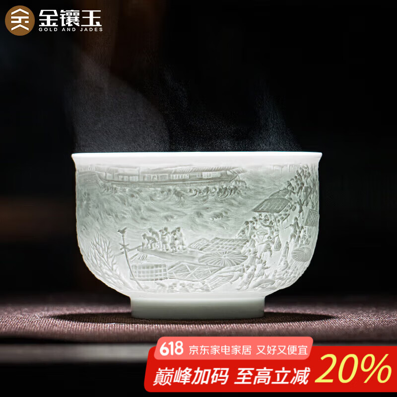 金镶玉景德镇茶杯 影青瓷主人杯家用陶瓷喝茶杯茶具礼盒装 清明上河图