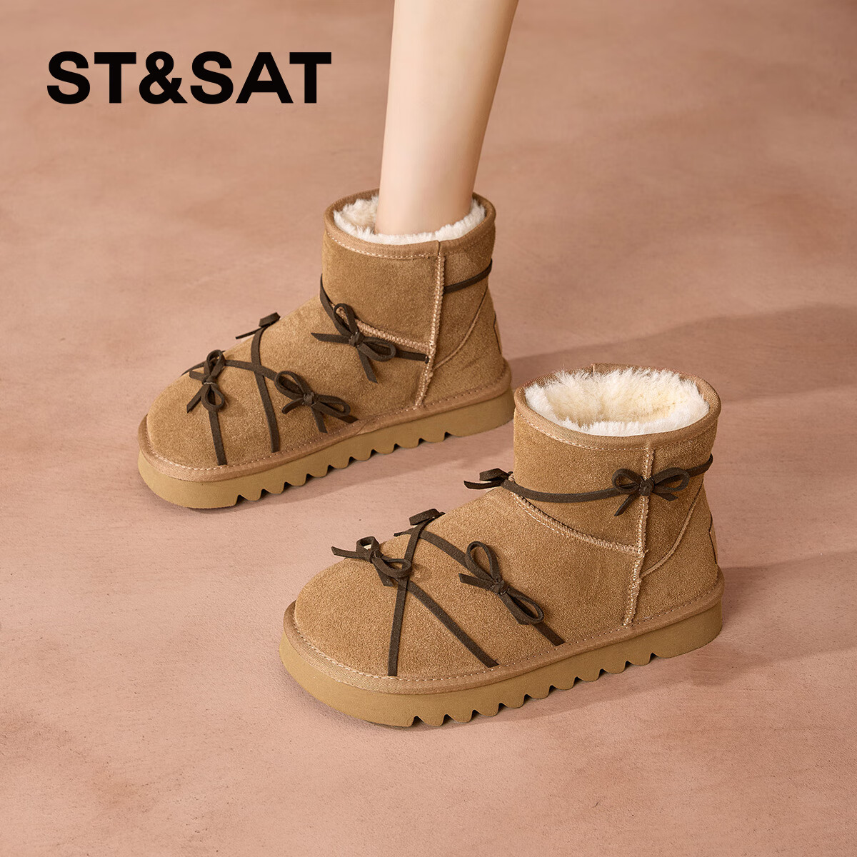 星期六真皮加绒雪地靴女2025新款冬季复古加厚保暖短靴东北防寒毛毛棉鞋 驼色 【低温御寒】跟高3cm 36