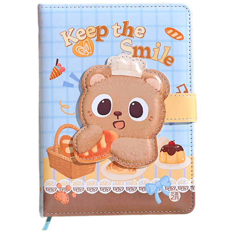 三年二班蹲蹲熊异形搭扣皮面本笔记本加厚日记本全彩内页手账本小学生初中生专用记事本女生 面包小熊