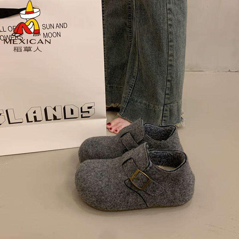 稻草人（MEXICAN）内增高毛呢毛毛鞋女款2026新款秋冬一脚蹬加绒保暖勃肯棉鞋雪地靴 深灰色 35