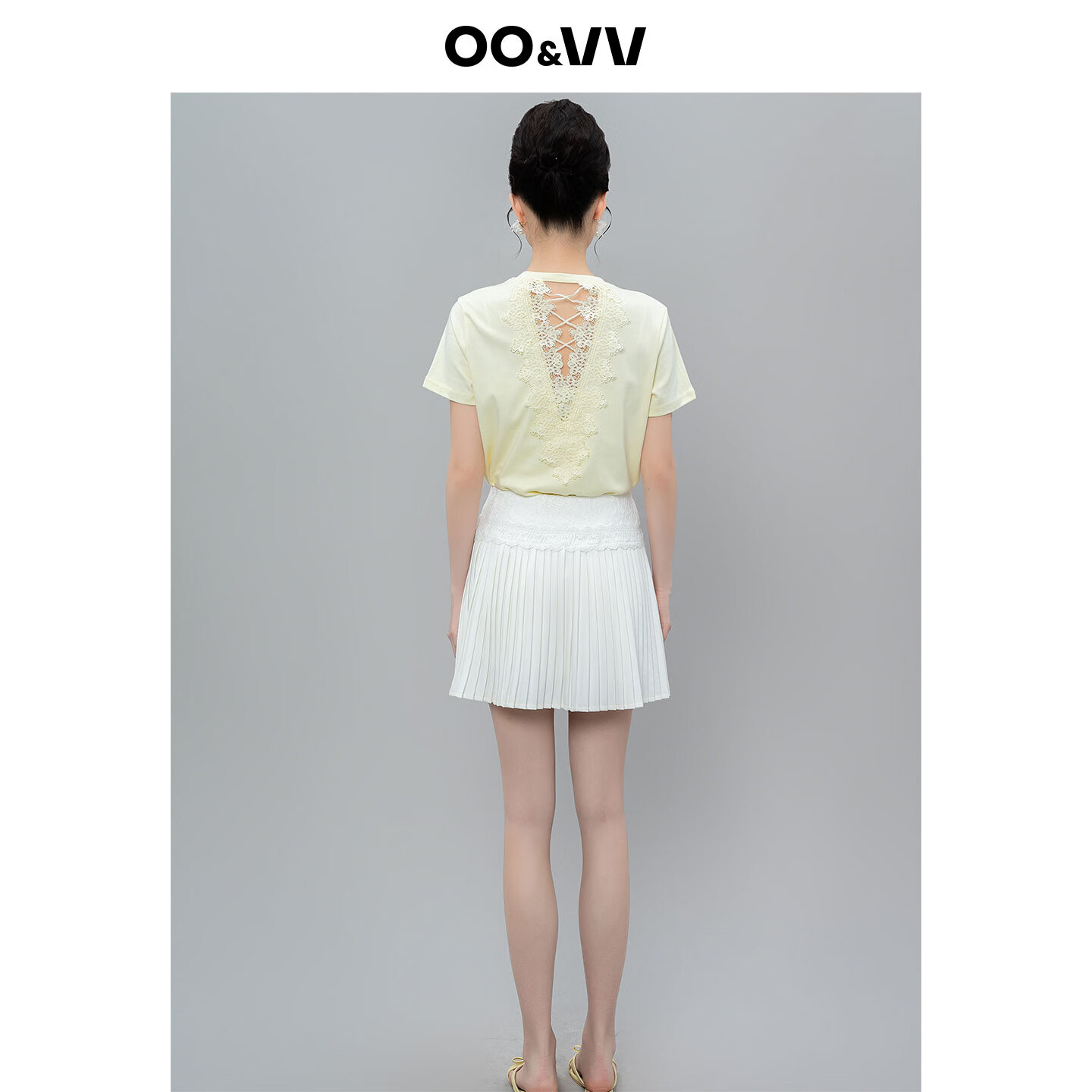 OO&VV设计感短袖T恤女2025夏新款圆领宽松性感蕾丝露背刺绣上衣 日光黄 L