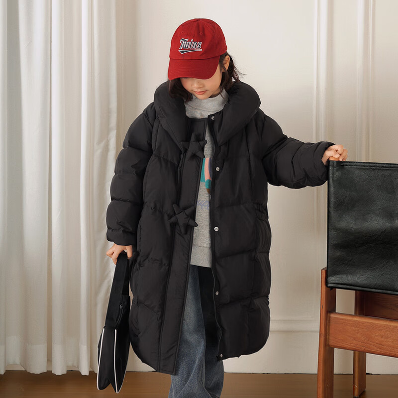 LUSON陈大猪童装 女童长款羽绒服冬季2025新款儿童免洗外套过膝 经典黑 现货 140