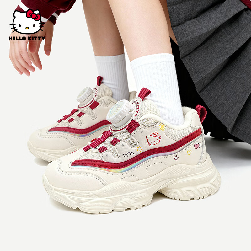 Hello Kitty【新年款】童鞋女童运动鞋2025秋冬款纽扣女孩老爹鞋中大童跑步鞋 红色 【加绒二棉】 32 适用脚长19.7-20.2cm