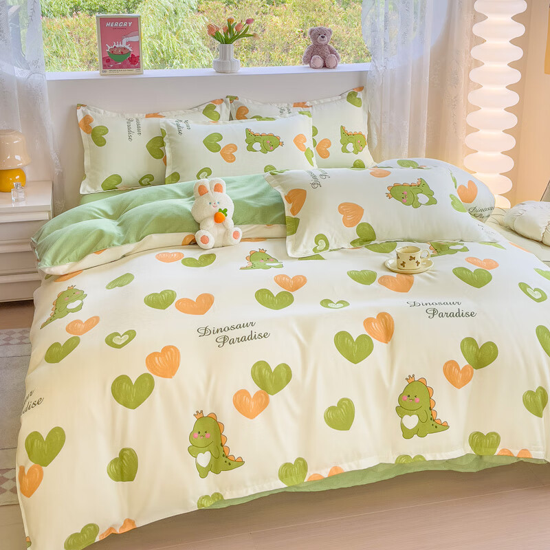 多兰诗（Duolanshi）春夏加厚磨毛四件套 ins四件套花卉田园风格床单被套四件套 心情爱恋M 1.2米 床单款 被套150*200 三件套