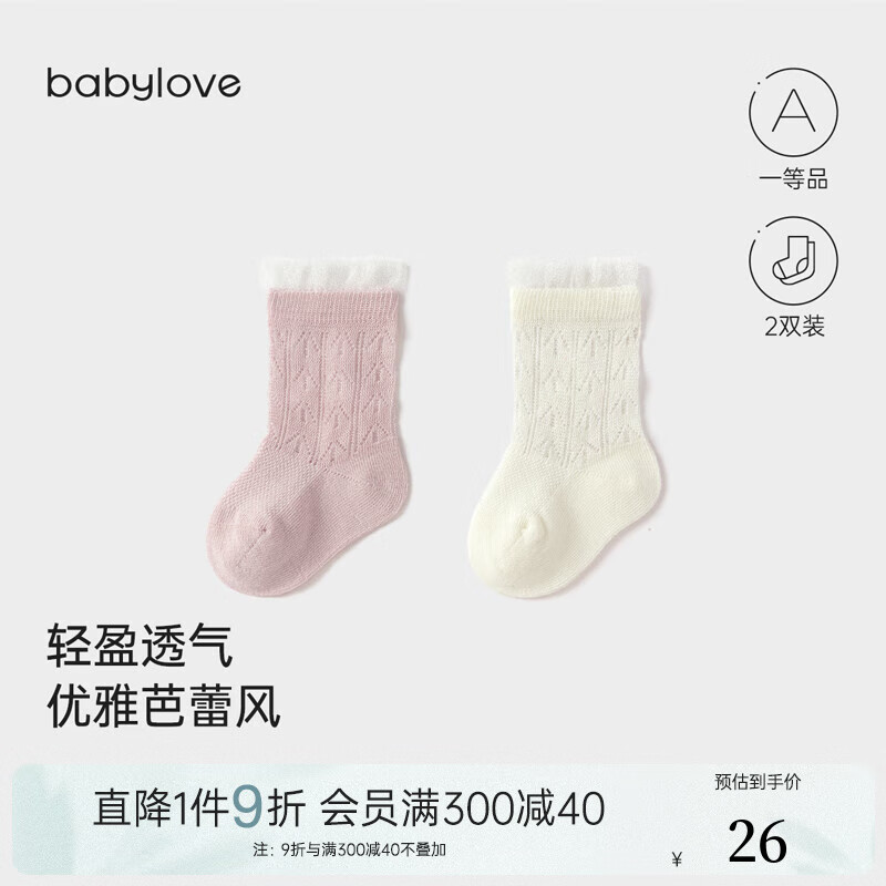 babylove婴幼儿短筒袜子女宝宝夏季薄款透气网眼袜蕾丝花边袜2双装 闪粉+闪白 2双 0-6月 9cm
