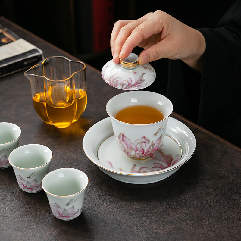 京峰阁 高端茶具整套 情投意荷粉盖碗茶壶茶杯套装轻奢家用开业送礼盒装 情投意荷粉盖碗茶壶套装(粉) 7人饮 11件