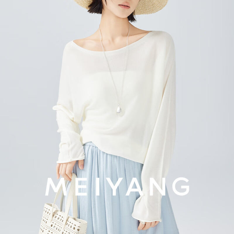 美洋（MEIYANG）輕紗針織長袖 三醋酸天絲_抗皺免燙一字領(lǐng)罩衫 米白 M