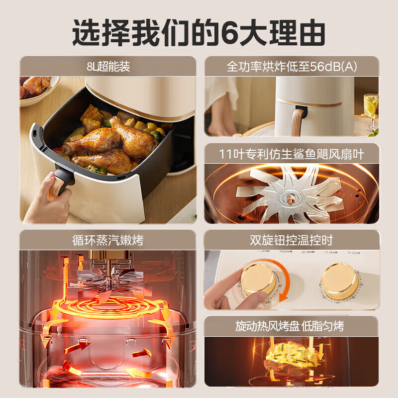 SUBOAER苏泊空气炸锅家用6L8L大容量2026年新款远红外加热不用翻面透明可视功率微波炉蒸烤箱一体机三合一 6L 【标准款】旋钮大容量