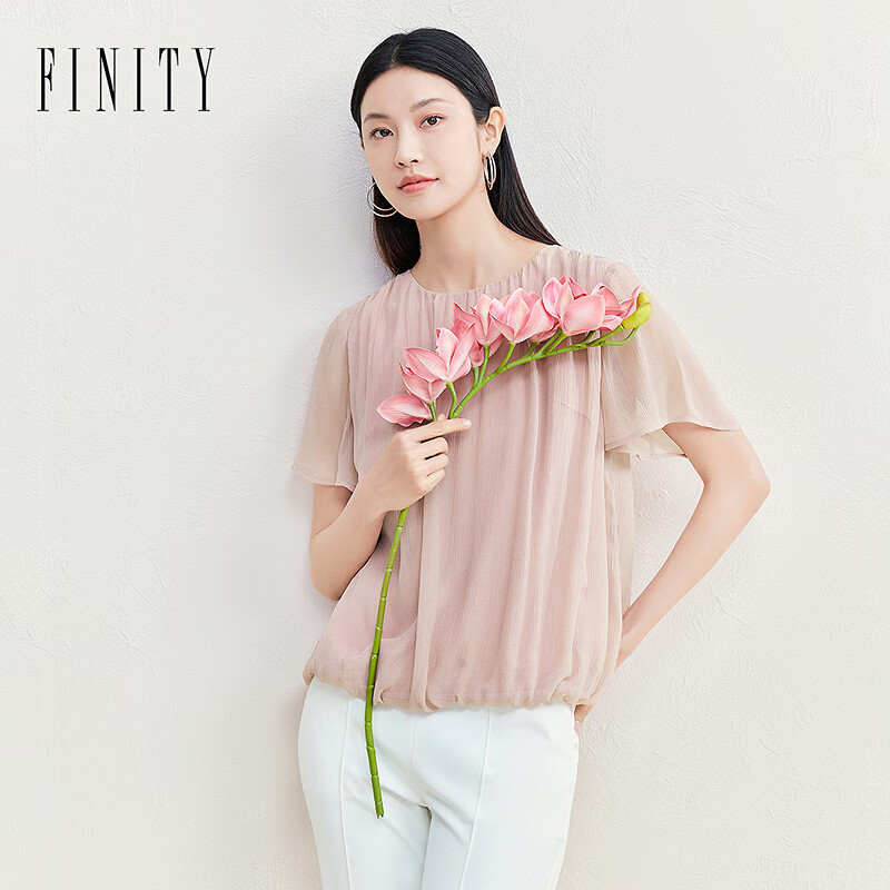 菲妮迪（FINITY）【100%桑蚕丝】雪纺衫2025年夏季新款真丝薄款上衣女 灰粉色 L