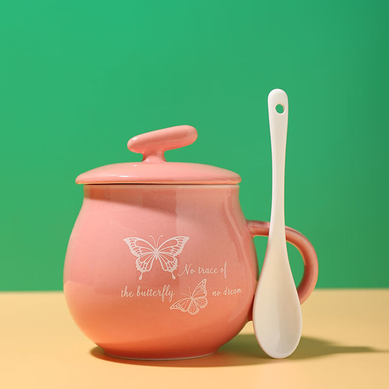 可爱陶瓷杯带盖子勺早餐杯水杯马克杯商务伴手礼带盖子勺咖啡杯牛 蝴蝶粉+盖瓷勺