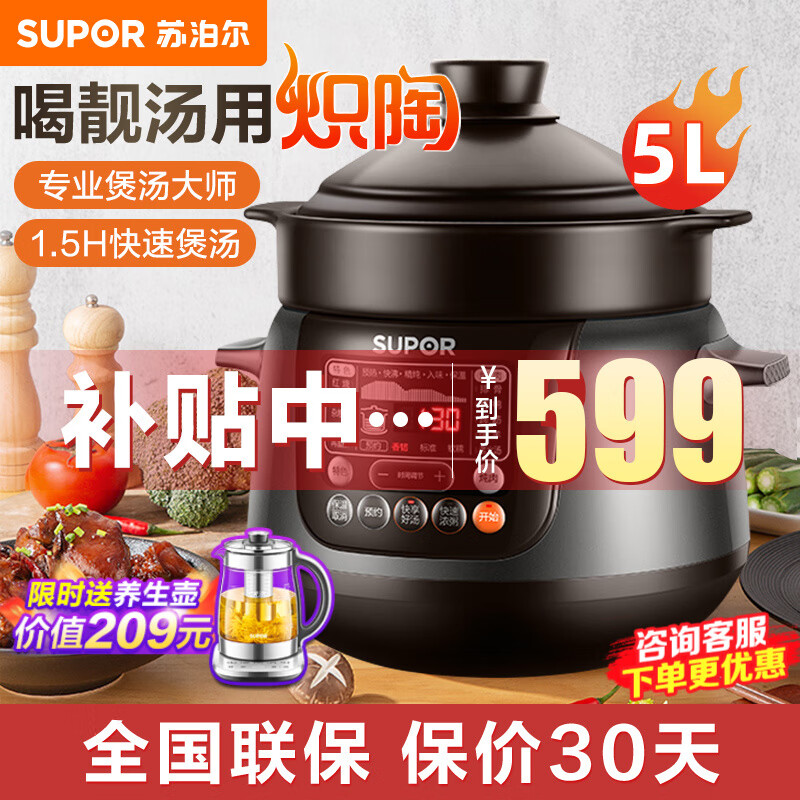 苏泊尔（SUPOR）电炖锅电砂锅电炖盅煲汤锅家用 耐高温中华炽陶内胆炖汤养生煮粥锅熬粥养生锅5L4L大容量 大容量 5L