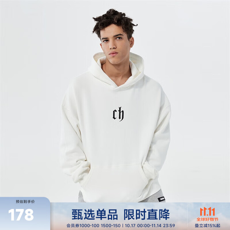 CHINISMCH字母印花连帽卫衣男潮牌美式宽松上衣重磅情侣帽衫 本白色 M