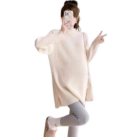 苒祺祺孕婦裝冬季連衣裙時尚外出上衣潮辣媽個性網紅遮肚秋冬款毛衣冬款 杏色 L