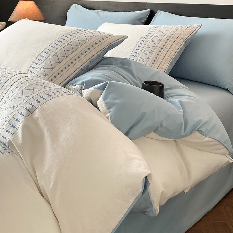 苏萱A类60s磨毛加厚全棉长绒棉四件套提花纯棉被套床单三件套床上用品 长矛-天青蓝 1.8m 床单款 四件套-被套200x230cm