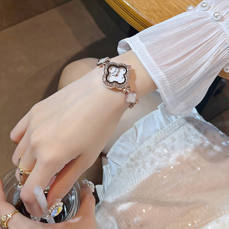 冠琴（GUANQIN）四叶草女士手表学生手链女表轻奢小众高级感手表女新年礼物送女友 升级加强版/玫白钢带/终身保