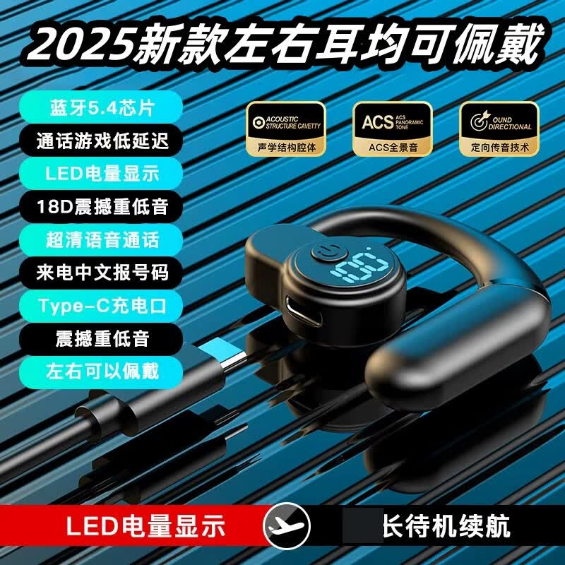 翊晨星2025新款数显大电池蓝牙耳机挂耳式耳机适用oppo华为vivo苹果小米 【电量数显+左右旋转】顶配黑 -02 中配【蓝牙5.1版】待机1288