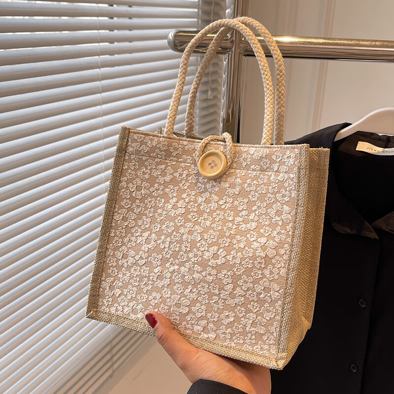 【严选好物】手提麻布包包女洋气上班外出手拎便当袋日系ins小挎 卡其色