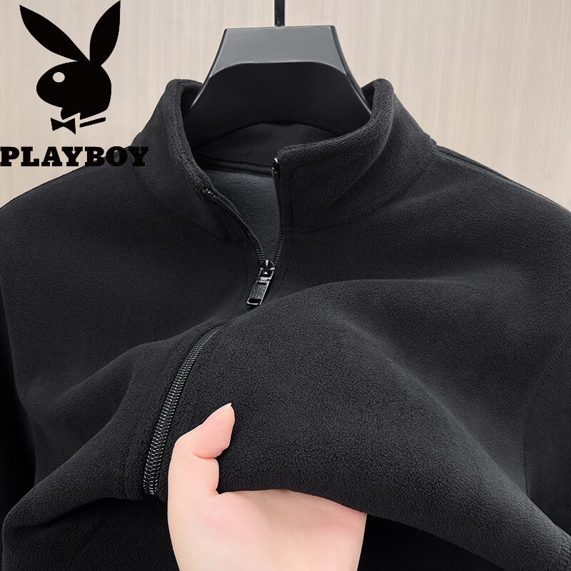 花花公子(PLAYBOY)摇粒绒加厚开衫卫衣男立领秋冬季奥粒绒外套男保暖抓衣绒外穿 黑色 -Y605 加绒 L 170 115-135斤