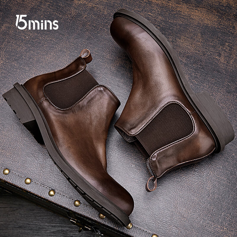 15分钟头层牛皮英伦切尔西靴男短靴商务皮鞋机车马丁靴复古皮靴 咖啡 43