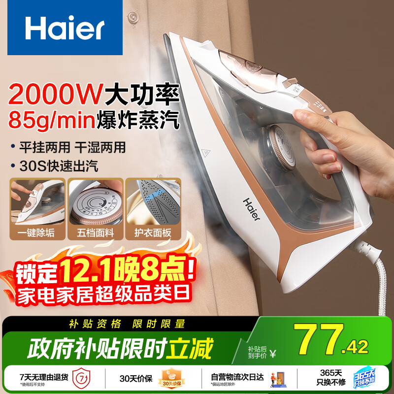 海尔（Haier）家用蒸汽电熨斗2000W大功率熨烫机小型手持迷你电烫斗老式熨斗 挂烫机 HY-Y2026