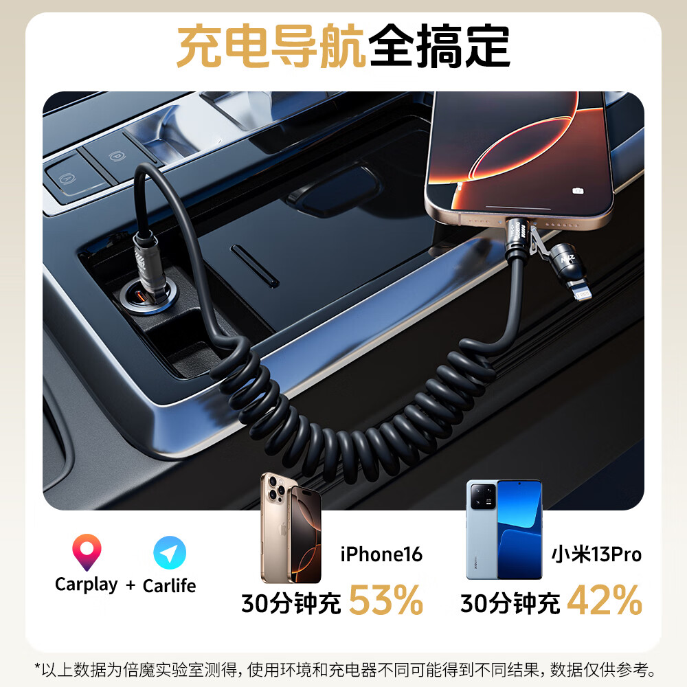 倍魔240W超级快充数据线弹簧伸缩四合一支持车载CarPlay导航适用于iphone17/16华为手机iPad 2米 240W快充四合一【黑色】