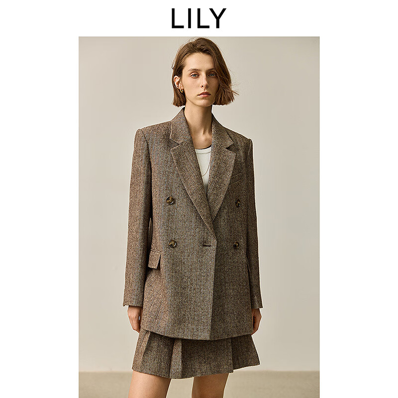 LILY2025秋新款女装绵羊毛混纺老钱风人字纹驳领廓形通勤西装外套 732巧克力色 L