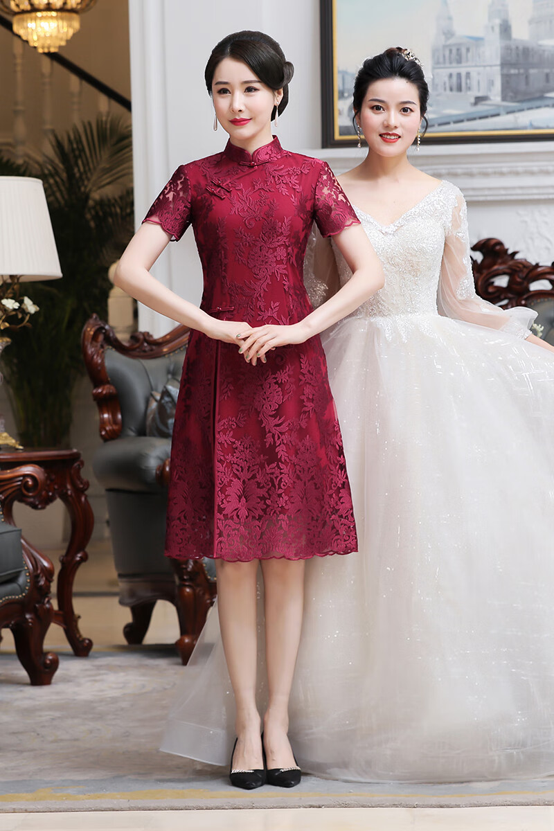 勤馳結(jié)婚喜婆婆夏天穿的衣服短袖結(jié)婚禮媽媽裝禮服夏高貴旗袍中年女改 303短酒紅色實物正顯膚色 M90~100斤 均碼