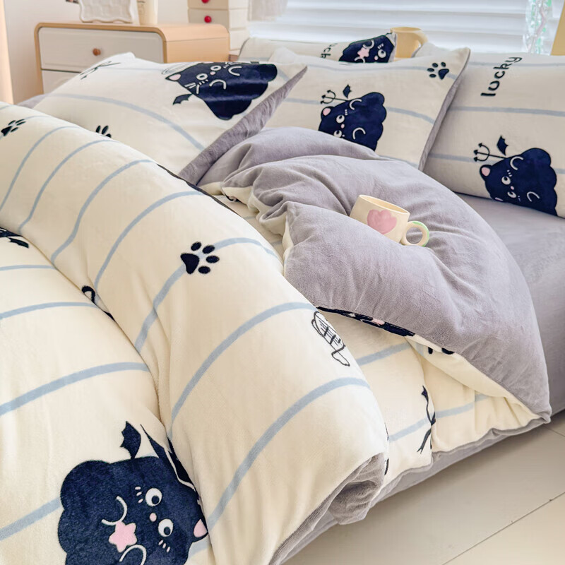 软贝小清新牛奶绒床上四件套保暖毛绒床单被套学生宿舍秋冬款三件套 煤球宝贝 床单款 2.0m  被套200*230cm 四件套