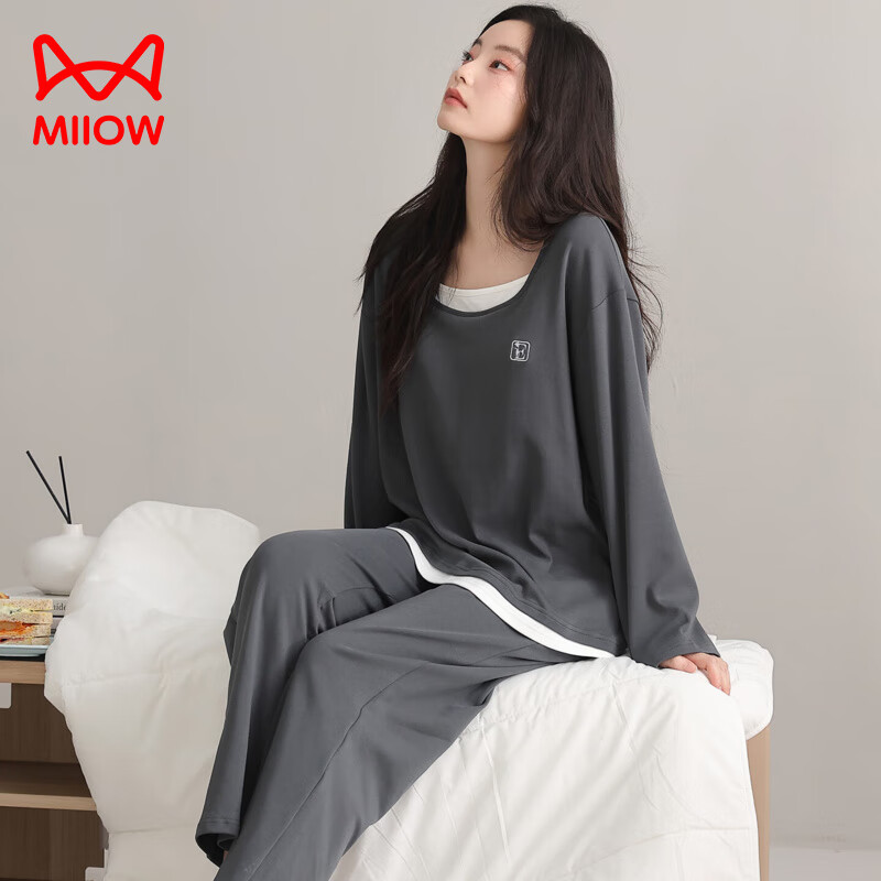 猫人带胸垫睡衣女纯棉春秋季款长袖圆领宽松女士家居服套装可外穿 黑灰 【纯棉系列 自带胸垫】 L 【建议约160-165cm/100-120斤】