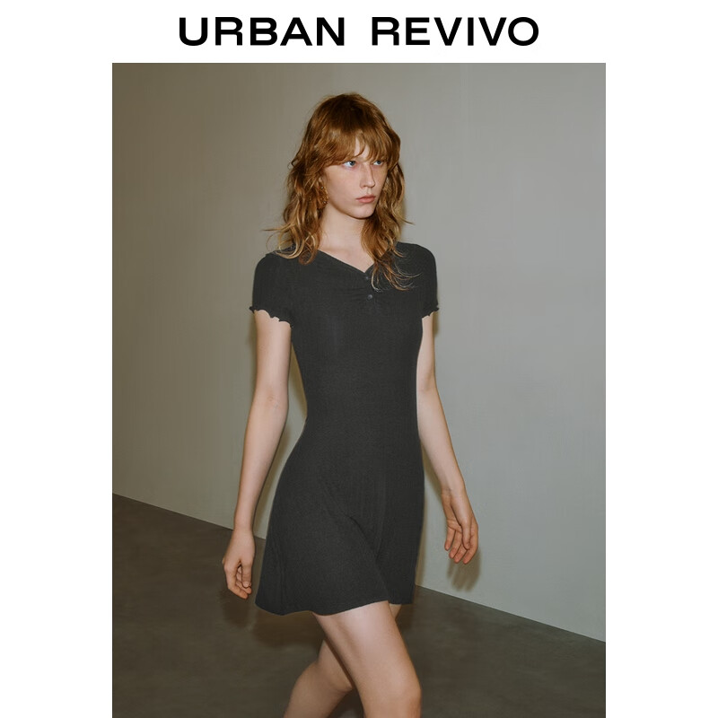 UR2025夏季新款女装休闲简约纽扣木耳边短袖连衣裙UWB750003 正黑 M
