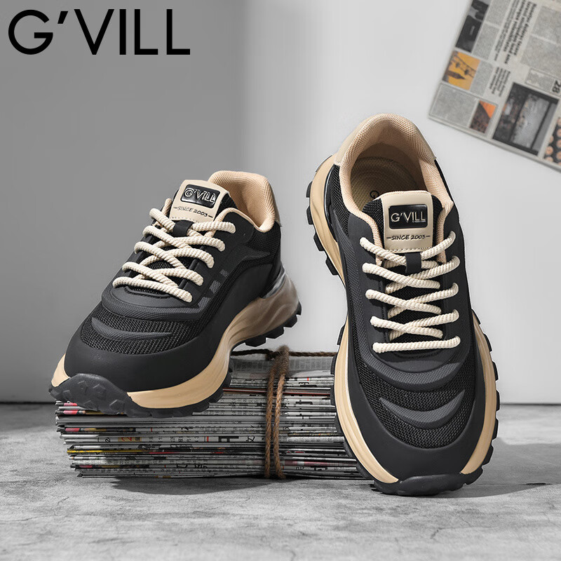 贵之步新款秋冬季舒适软底防滑缓震休闲鞋男款厚底增高运动鞋男鞋 黑杏 G003 42 （运动鞋码）