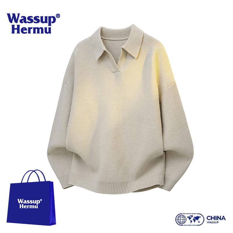 WASSUP HERMU官方毛衣男秋冬季高品质男士松弛风套头针织衫内搭打底上衣服外套 杏色 2XL （推荐160-180斤）