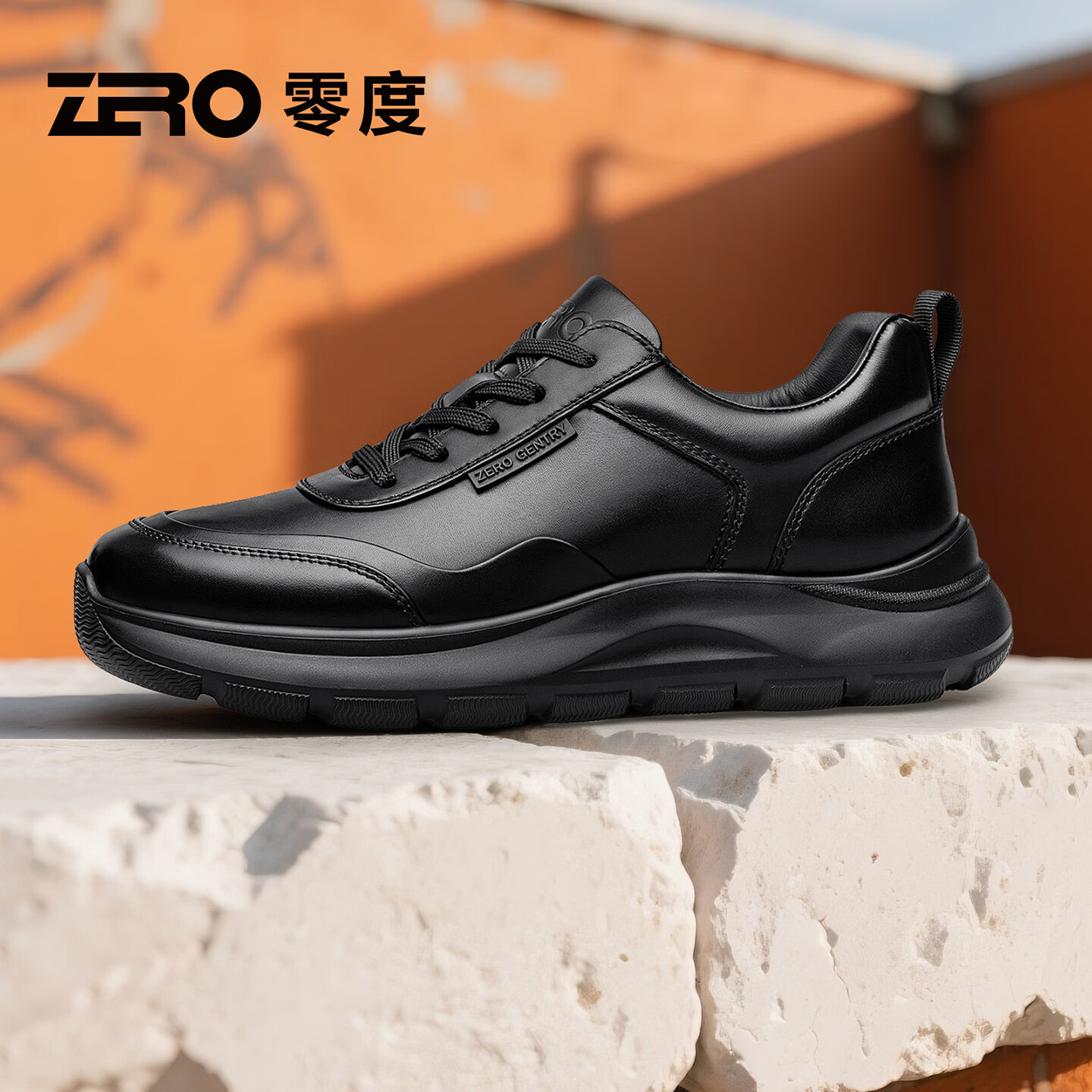 零度zero男鞋秋季时尚百搭真皮商务休闲鞋防水轻便通勤皮鞋软底运动鞋 黑色 40