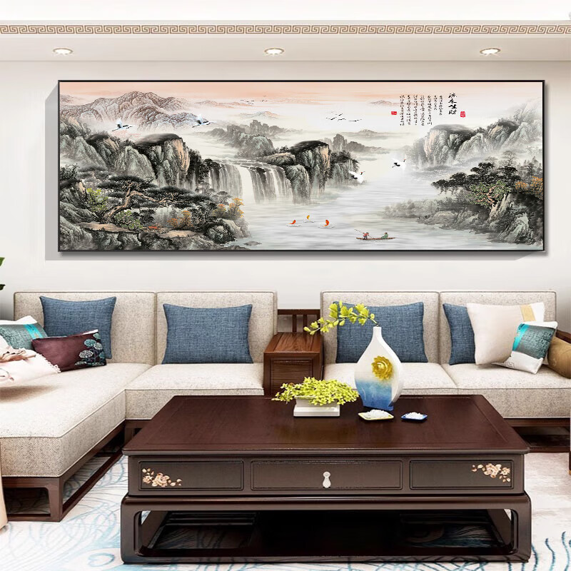 柳莺花燕流水生财客厅挂画新中式沙发背景墙国画办公室装饰字画山水画壁画 旭日东升 100cm*200cm【铝合金框】 画布纹理【画面】
