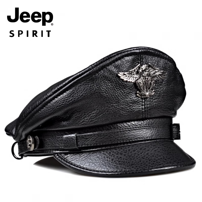 JEEP秋冬真皮帽子男士复古牛皮平顶帽英伦哈雷中青老年机车帽船长帽 黑色 M 55-56c