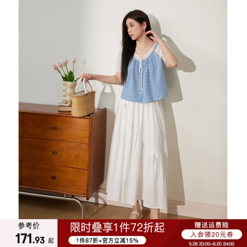 藍(lán)語大碼女裝甜美假兩件蕾絲上衣a字半身裙夏季胖mm顯瘦漂亮套裝 藍(lán)格紋上衣 4XL