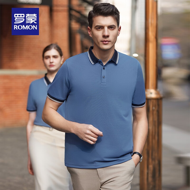 罗蒙（ROMON）短袖T恤衫男宽松弹力撞色polo领夏季新款商务休闲上衣 海蓝 XL (180) 【建议125-140斤】