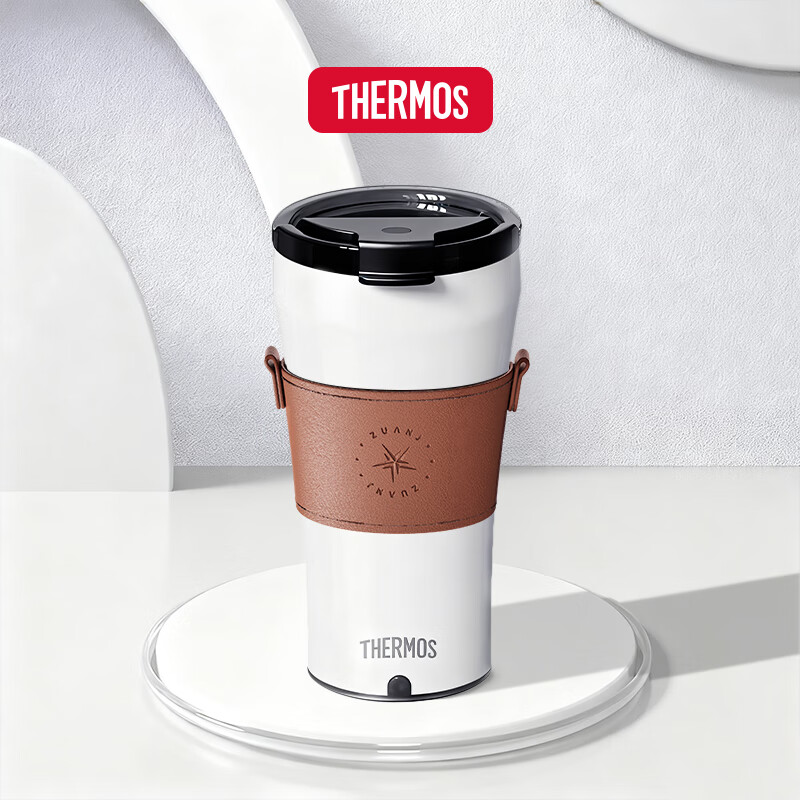 膳魔师（THERMOS）便携电动搅拌杯咖啡杯新款陶瓷涂层车载办公室保温杯高颜值水杯子 膳魔师-晨光白【陶瓷层内胆400ml】+咖色杯套