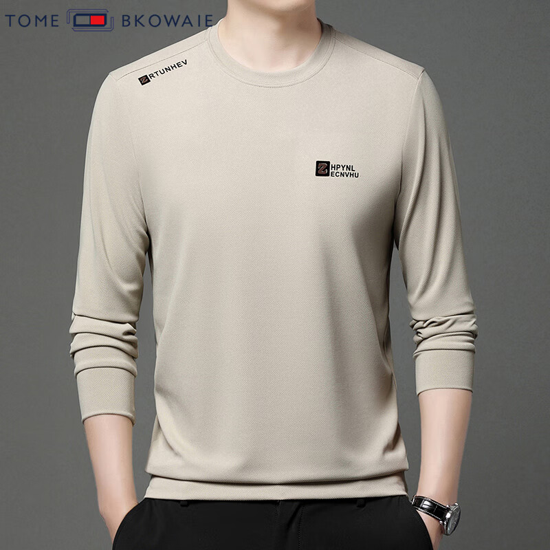 汤米芙兰可双面奥粒绒长袖t恤男2025年新款加绒保暖宽松套头圆领印花卫衣 912米白不加绒薄款 XL (175)（建议140-155斤）