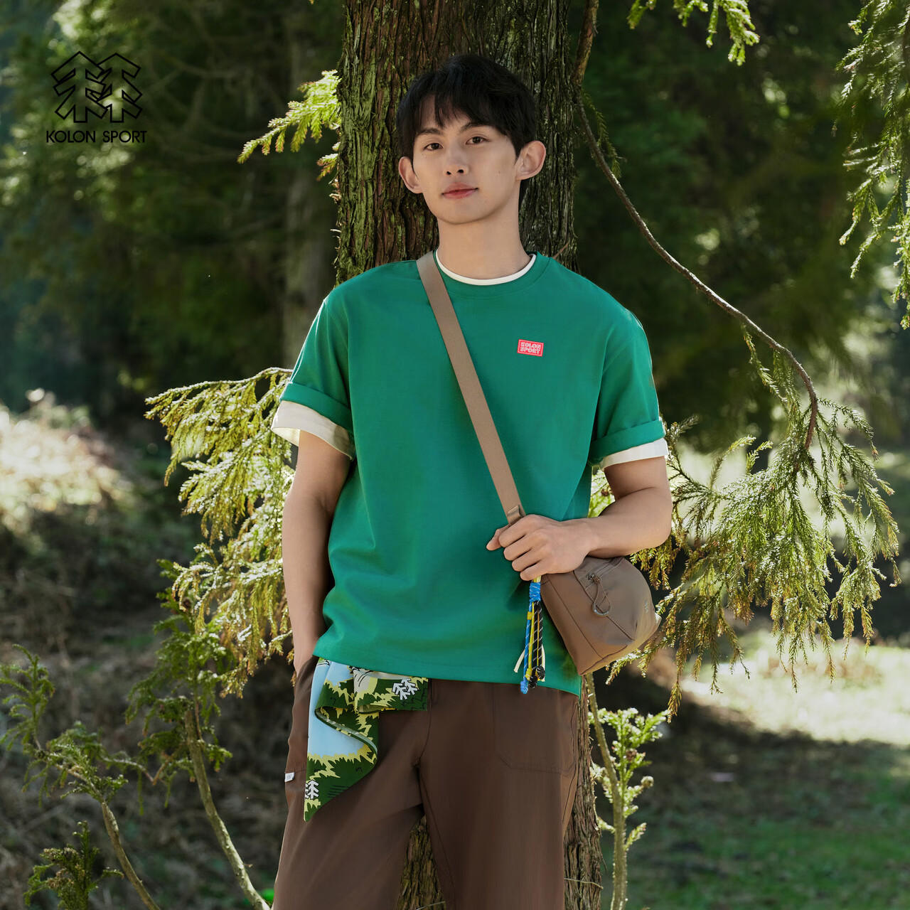 KOLON SPORT/可隆T恤 男女同款户外运动圆领基本款LOGO短袖上衣 LURT5MT511-DG 深绿色 M 170/92A