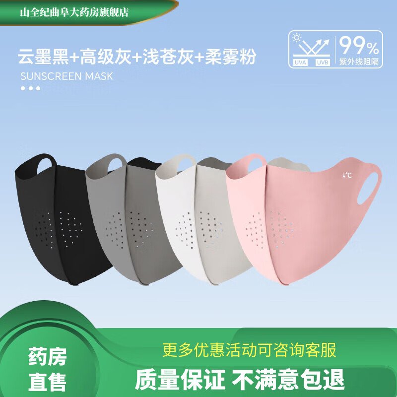 医用防晒口罩女透气薄款高颜值防紫外线护眼角全脸夏天冰丝遮 全家福4只装【云墨黑+灰+柔雾粉+浅苍灰】冰感