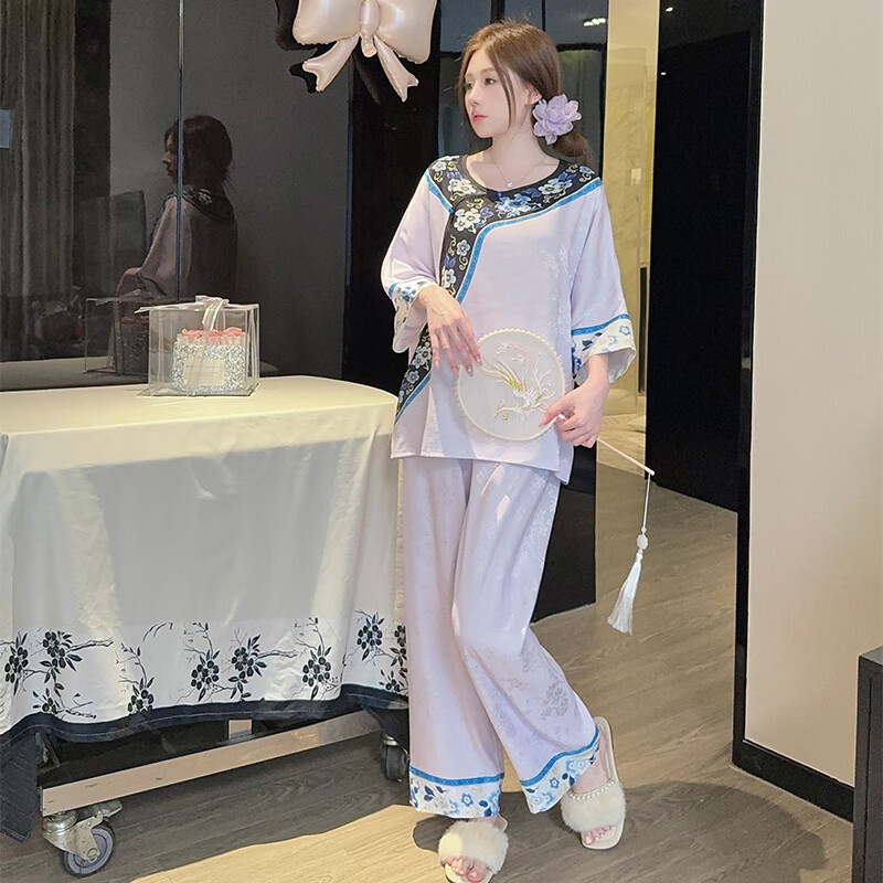 萧淑妃新中式国风睡衣女夏季凉感薄款冰丝复古少奶奶半袖长裤家居服套装 紫色 XL