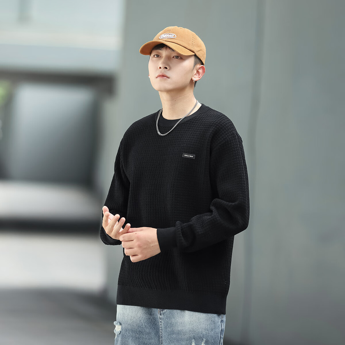 布衣传说【格纹针织】罗纹圆领针织衫柔软亲肤宽松休闲男式打底衫外套 黑色 M