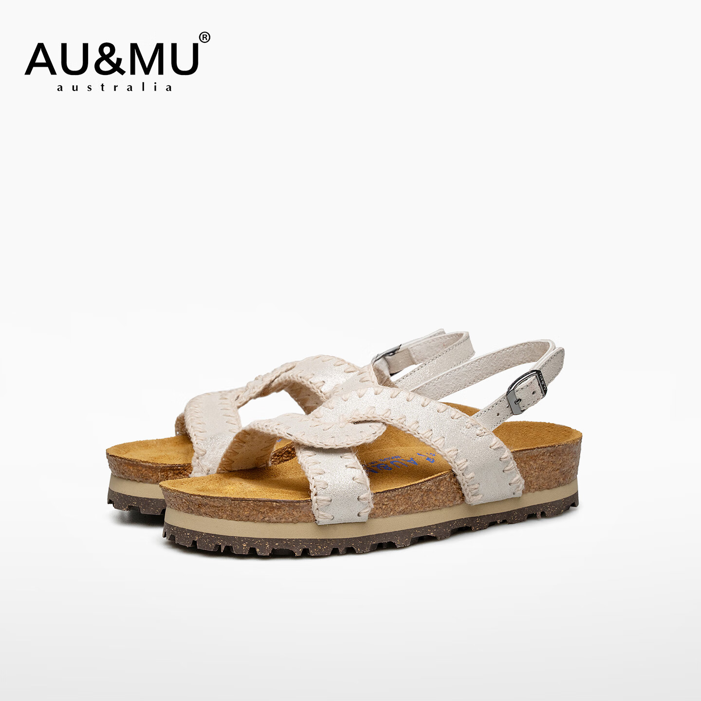 AU&MU2025夏季新款拖鞋女士真皮透气外穿高级感凉鞋百搭厚底增高勃肯鞋 珠光白【牛皮】【软木升级款】 36