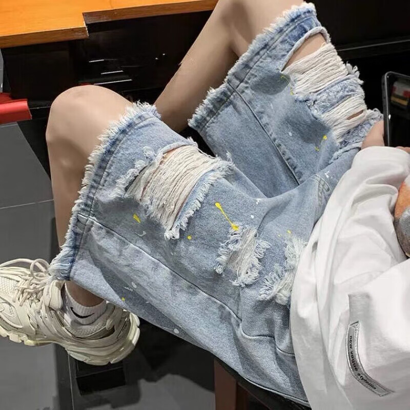 應(yīng)倫破洞牛仔短褲男夏季薄款水洗寬松美式潮牌炸街設(shè)計感毛邊五分中褲 破洞藍色 S