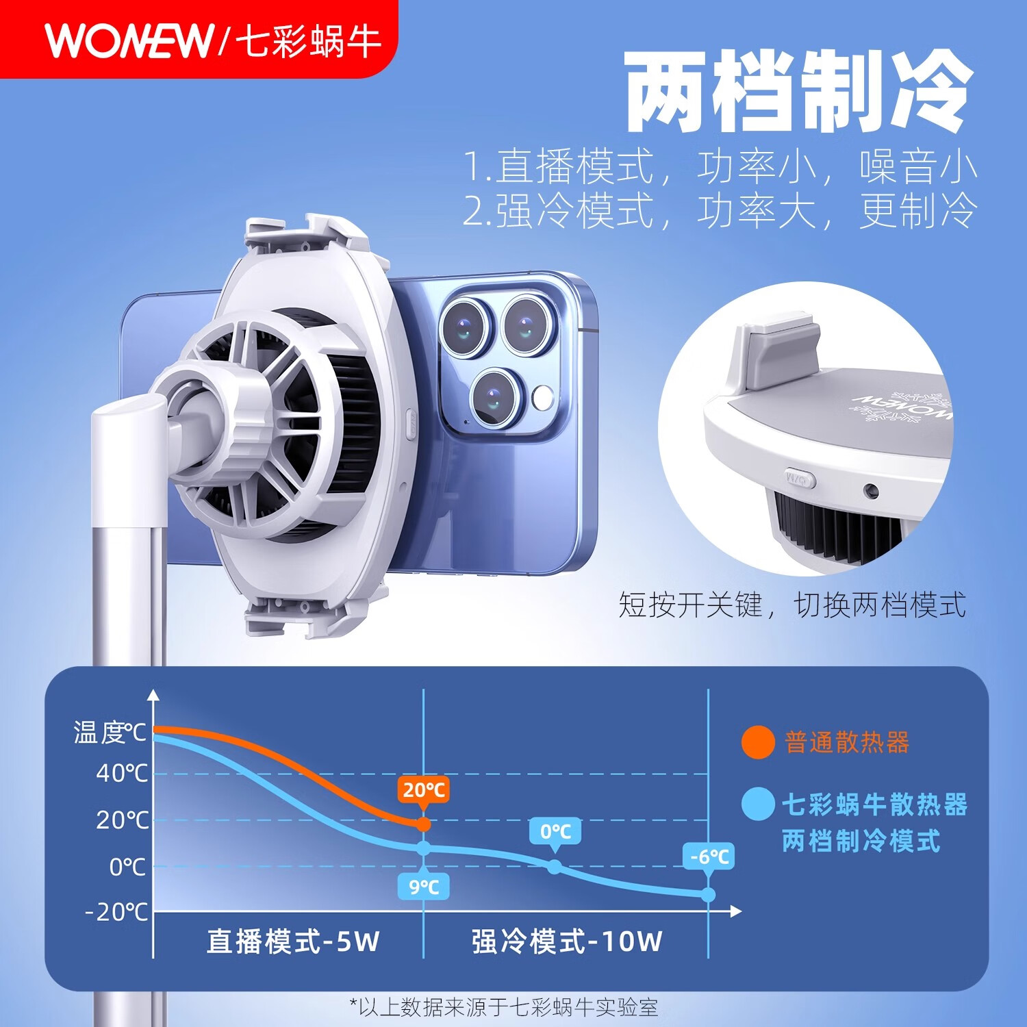 wonew七彩蜗牛手机直播静音桌面网红散热器支架半导体制冷直播支架游戏主播播书vlog散热降温专用神器 两只装-视频同款散热器补光灯