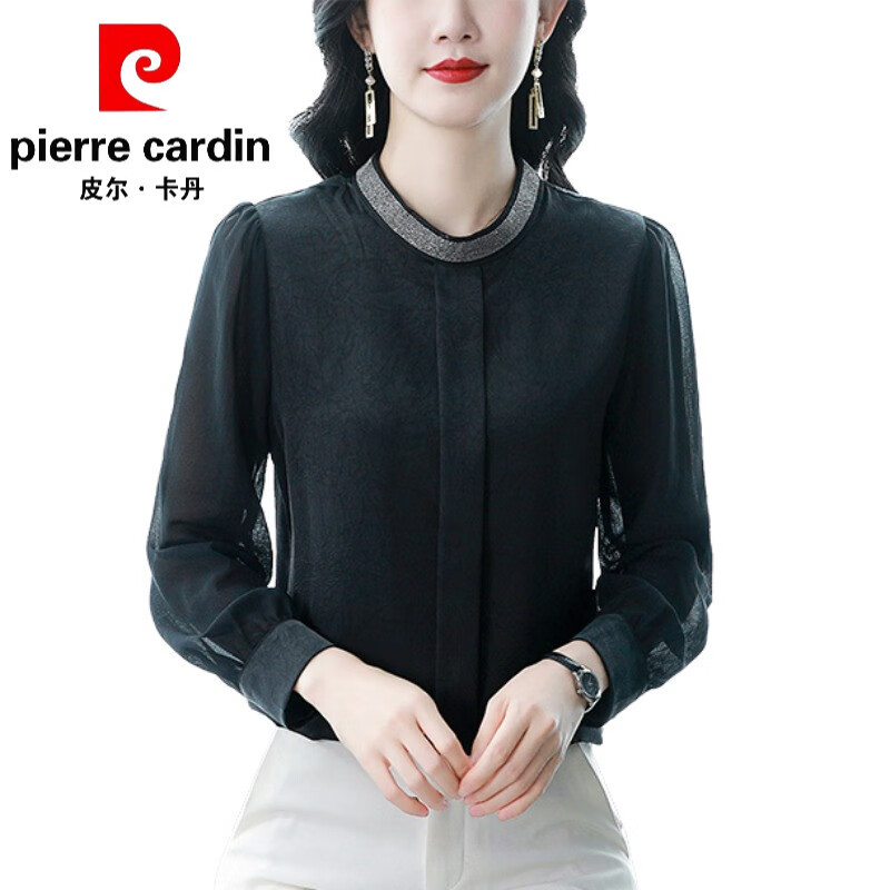 皮尔卡丹(pierre cardin)高端品牌真丝衬衫女长袖早秋季新款重工烫钻立领衬衣春装感桑蚕丝 皮尔卡丹 安哥拉红 4XL (建议150-160斤)