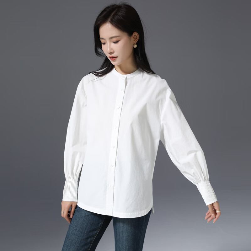 凌丹娜簡(jiǎn)約寬松白襯衫女2025秋季款復(fù)古獨(dú)特氣質(zhì)顯瘦遮肉燈籠袖內(nèi)搭上衣 白色 S