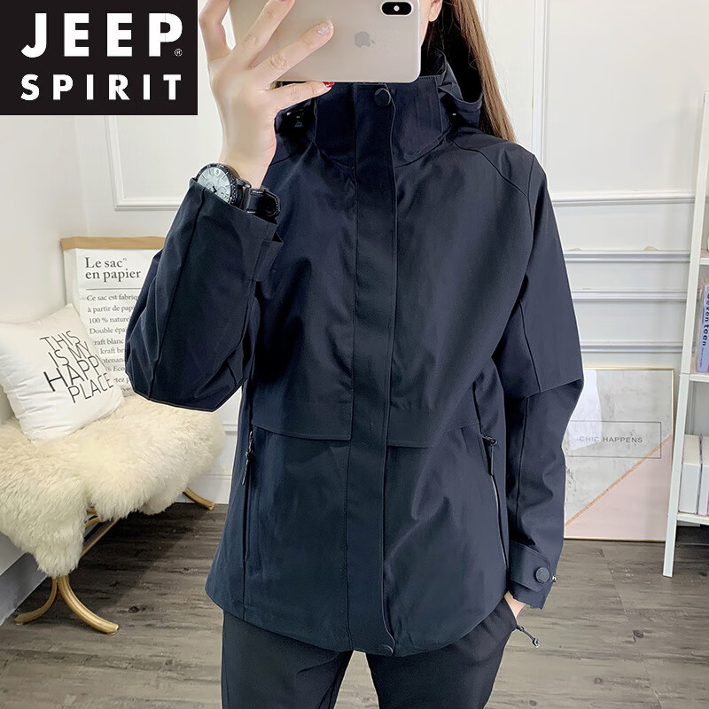 JEEP SPIRIT冲锋衣女三合一可拆式冬季新款户外防水印花标志防风夹克男士登山 女款-黑色【可拆卸两件套】 M